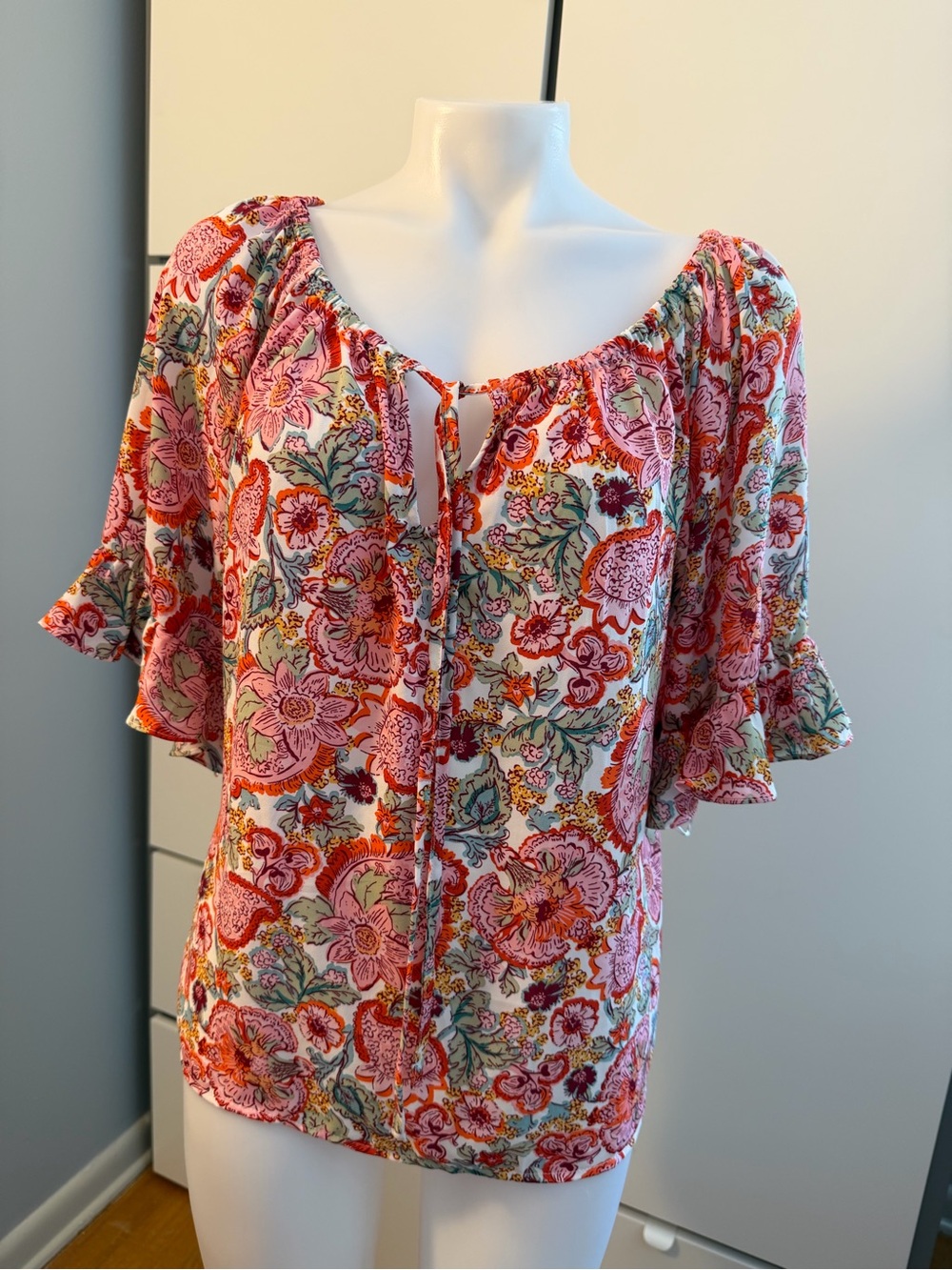 CeCe Pink Floral Tie-Front Peasant Blouse
